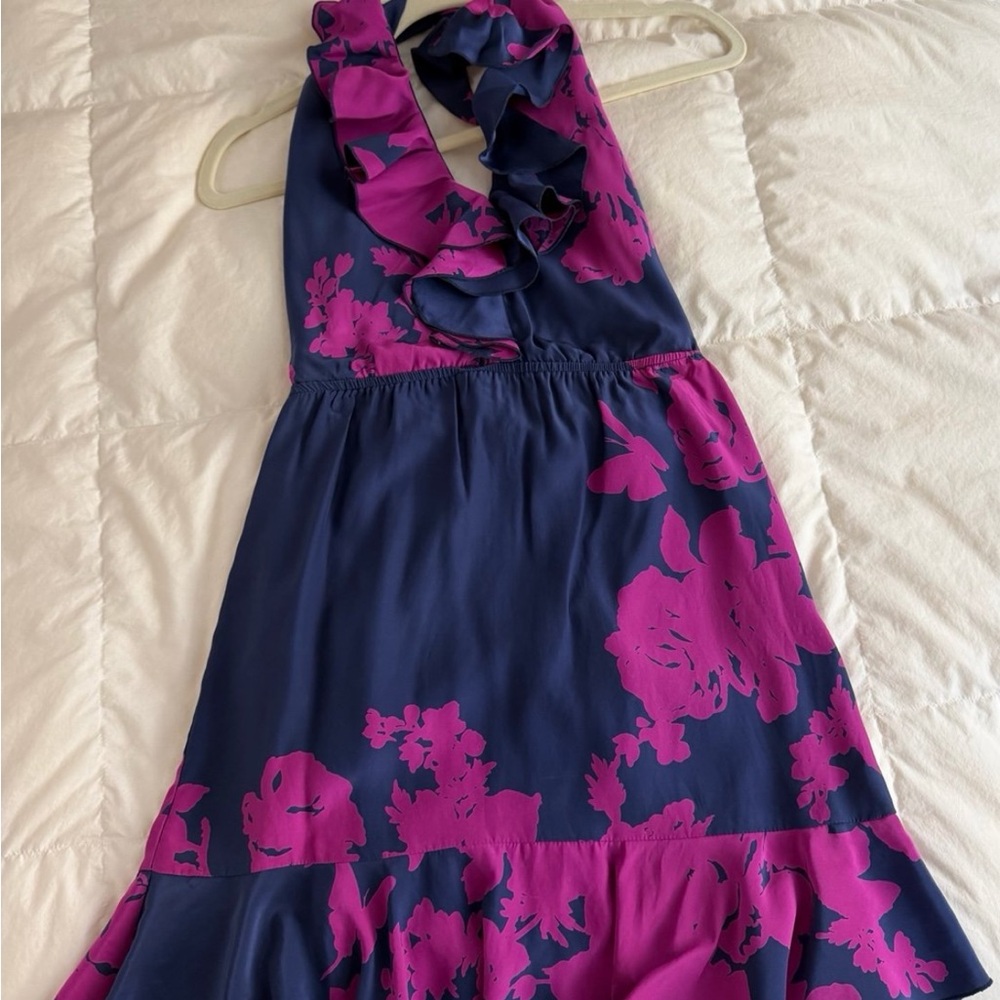 Amanda Uprichard Navy and Fuchsia Floral Halter Dress
